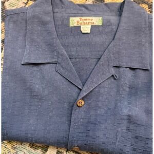 Tommy Bahama Mens XL Silk Short Sleeve Button Down Shirt Blue Textured Jacquard